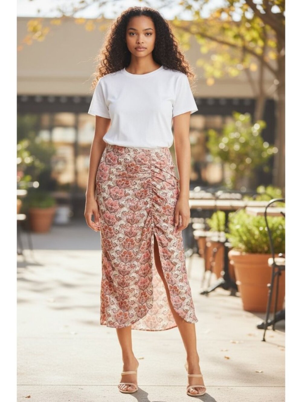 Status By Chenault Women's Paisley Print Midi Skirt With Front Ruched Detail & S